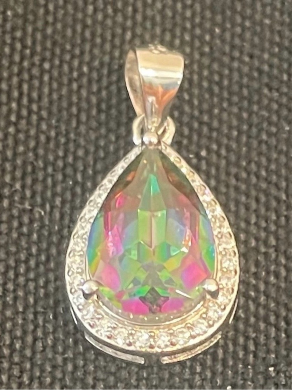 Mystic topaz tear drop pendant with Moissanite halo 925 sterling